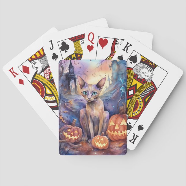 Halloween Abyssinian Cat with Pumpkins Scary Casinokort (Baksidan)