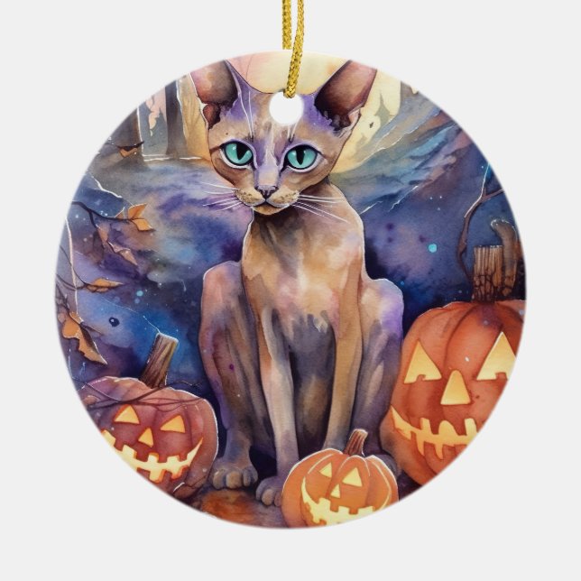 Halloween Abyssinian Cat with Pumpkins Scary Julgransprydnad Keramik (Framsidan)