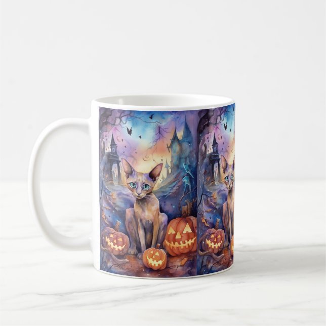 Halloween Abyssinian Cat with Pumpkins Scary Kaffemugg (Vänster)