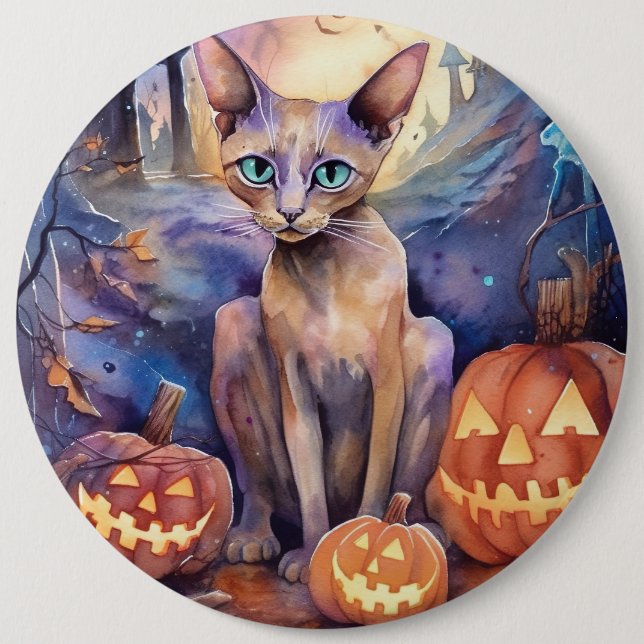 Halloween Abyssinian Cat with Pumpkins Scary Knapp (Framsida)