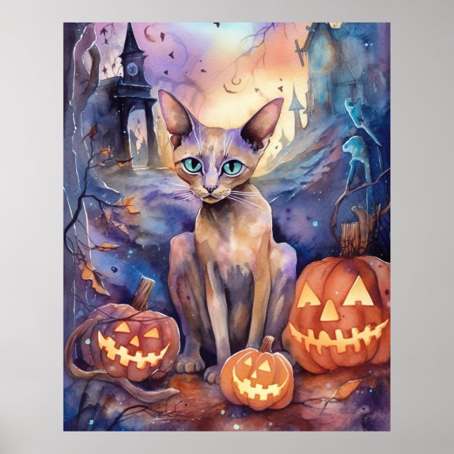 Halloween Abyssinian Cat with Pumpkins Scary Poster (Framsidan)