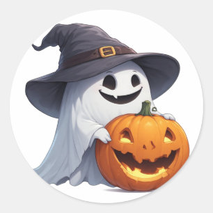 Halloween-Accent med Spökhäxa och Pumpa 🎃 Runt Klistermärke