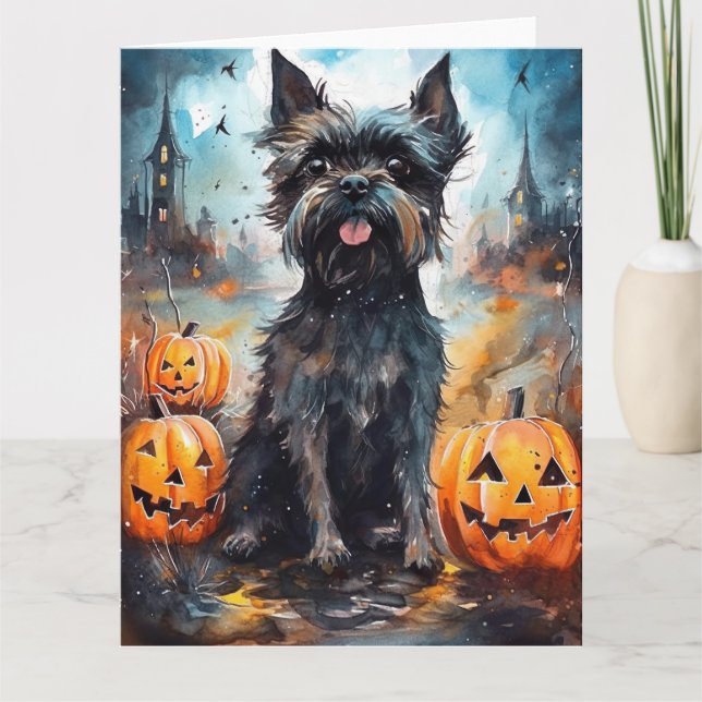 Halloween Affenpinscher Med Pumpa Skräckinjagande Kort (Framsida)