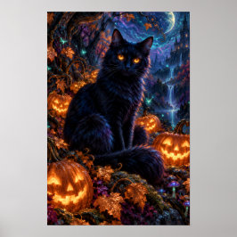 Halloween-affisch med svart katt i månljus poster