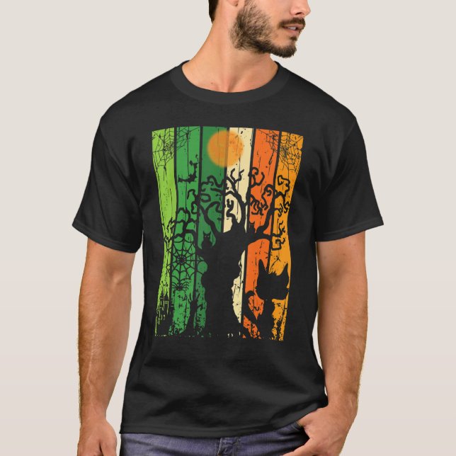 Halloween Affisch Skräckkatt Spindel Träd T Shirt (Framsida)