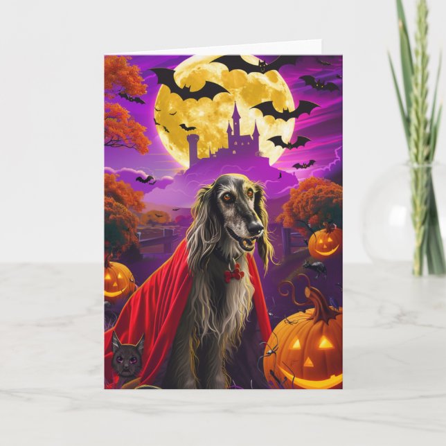 Halloween Afghan Hound Vampire Pumpkins Scary Kort (Framsida)