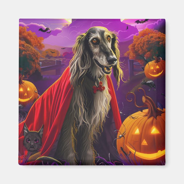 Halloween Afghan Hound Vampire Pumpkins Scary Magnet (Framsidan)