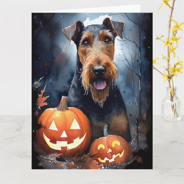 Halloween Airedale Med Pumpa Skräckinjagande Kort (Gul blomma)
