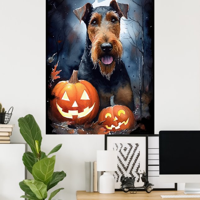 Halloween Airedale Med Pumpa Skräckinjagande Poster (Hemmakontoret)