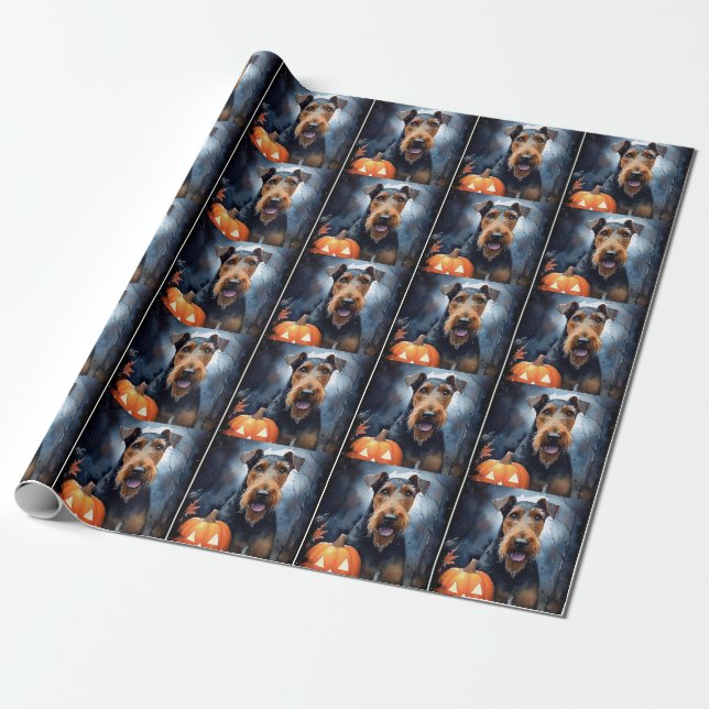 Halloween Airedale med pumpor Presentpapper (Utrullad)