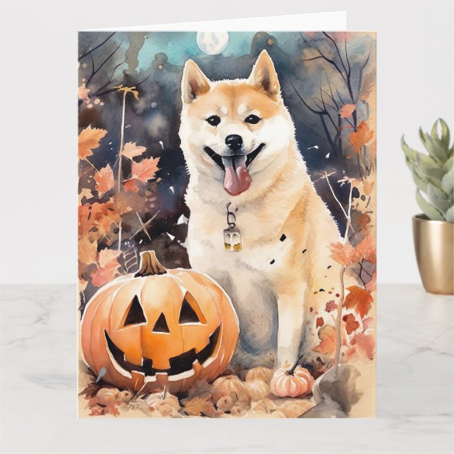 Halloween Akita Med Pumpa Skräck Kort (Liten växt)