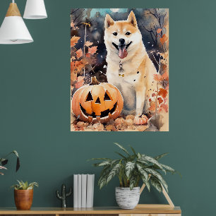 Halloween Akita Med Pumpa Skräckinjagande Poster