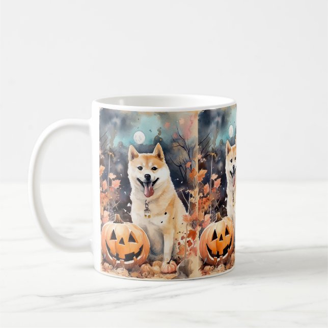 Halloween Akita med pumpor Scary Kaffemugg (Vänster)