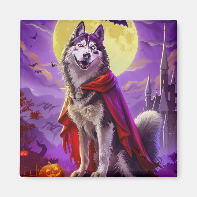 Halloween Alaska Malamute Vampire Pumpkins Scary Magnet (Framsidan)