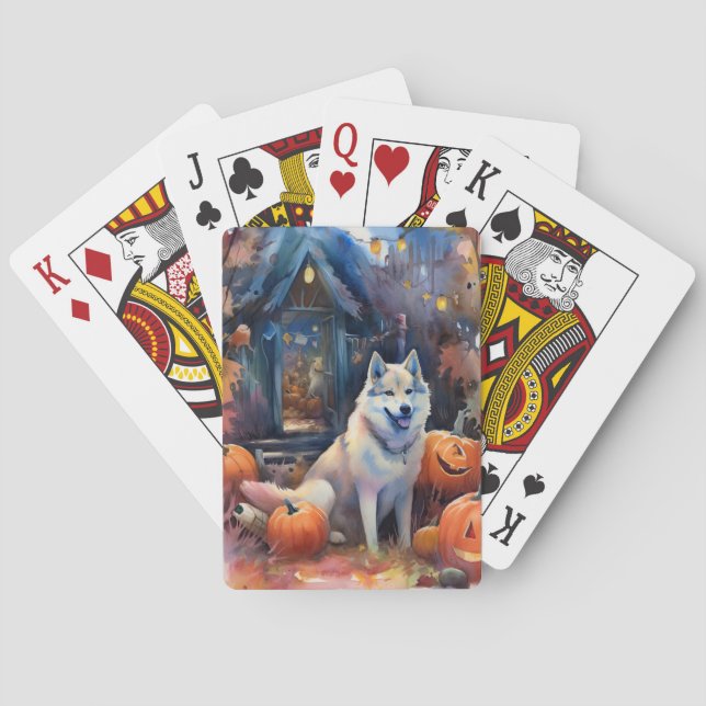 Halloween Alaskan Malamute Med Pumpa Skräck Casinokort (Baksidan)