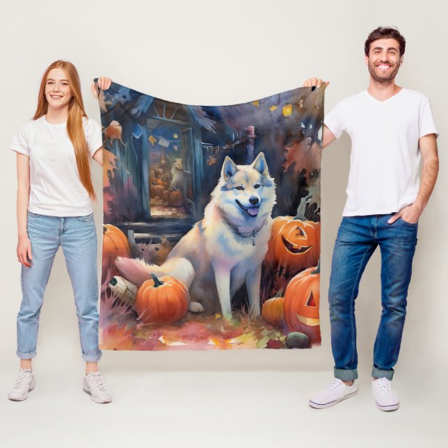 Halloween Alaskan Malamute Med Pumpa Skräckinjagan Fleecefilt (På plats)