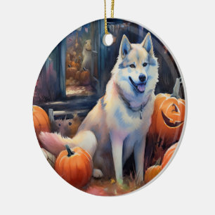 Halloween Alaskan Malamute Med Pumpa Skräckinjagan Julgransprydnad Keramik