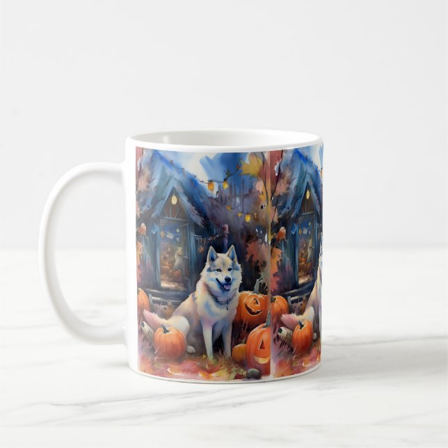 Halloween Alaskan Malamute Med Pumpa Skräckinjagan Kaffemugg (Vänster)