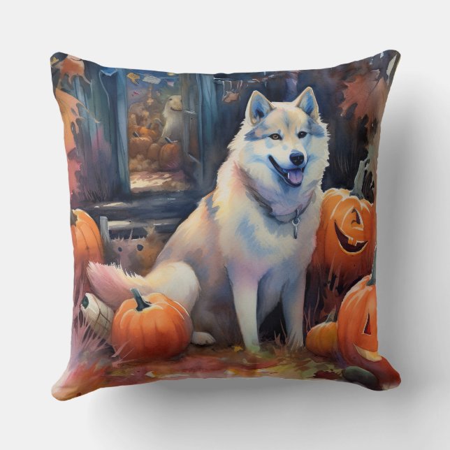 Halloween Alaskan Malamute Med Pumpa Skräckinjagan Kudde (Baksida)