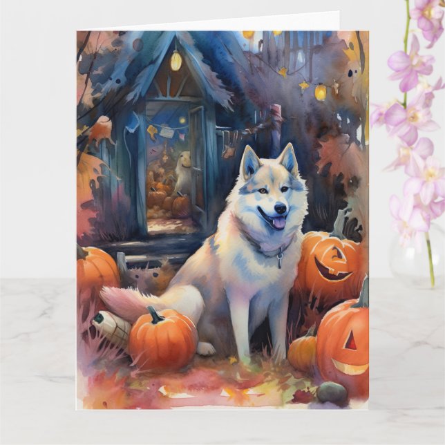 Halloween Alaskan Malamute Med Pumpa Skrämmande Kort (Orkide)