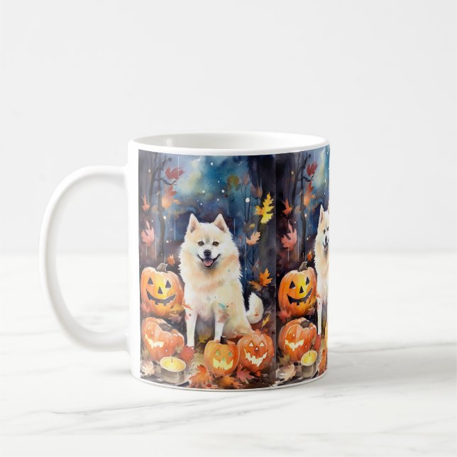 Halloween American Akita med pumpor Scary Kaffemugg (Vänster)