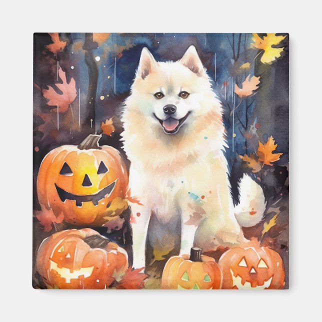 Halloween American Akita med pumpor Scary Magnet (Framsidan)