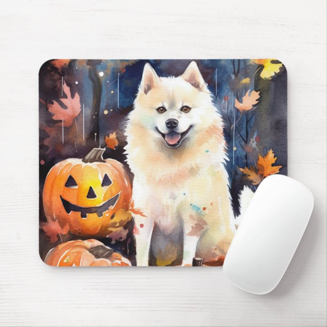 Halloween American Akita med pumpor Scary Musmatta (Med mus)