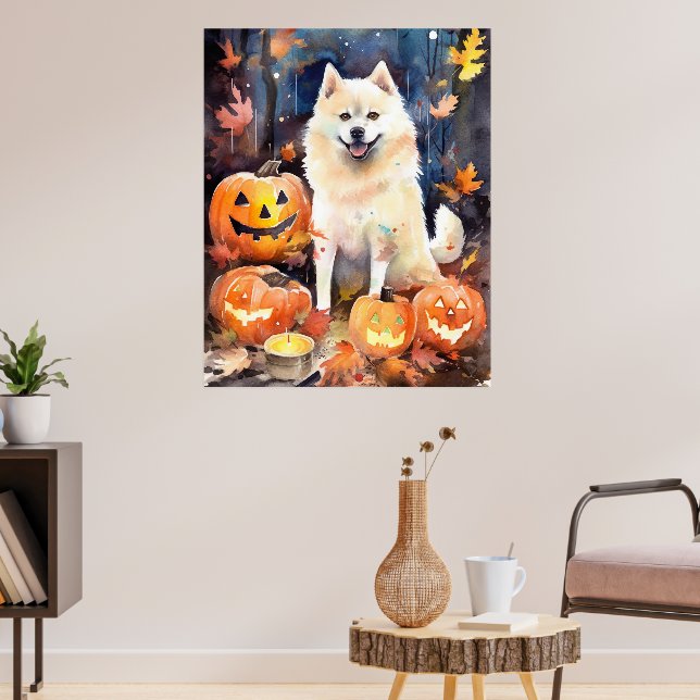 Halloween American Akita med pumpor Scary Poster (Vardagsrum 3)