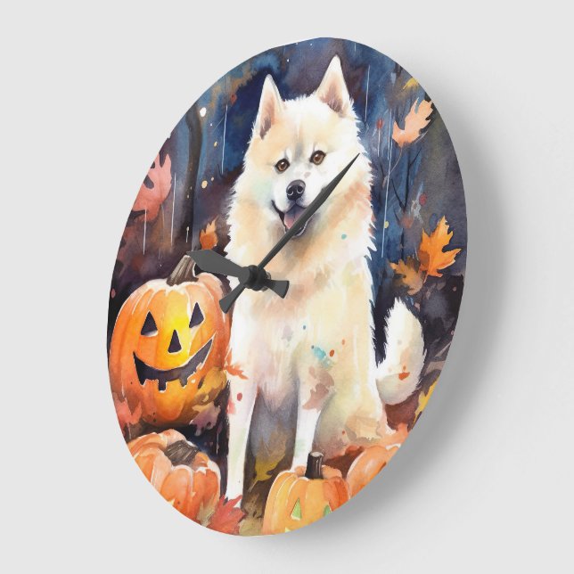 Halloween American Akita med pumpor Scary Stor Klocka (Vinkel)