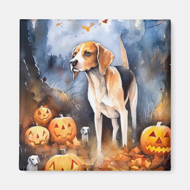 Halloween American English Foxhound with Pumpkins Magnet (Framsidan)