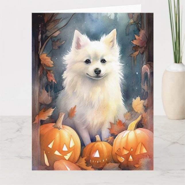 Halloween American Eskimo med pumpor läskig Kort (Framsida)