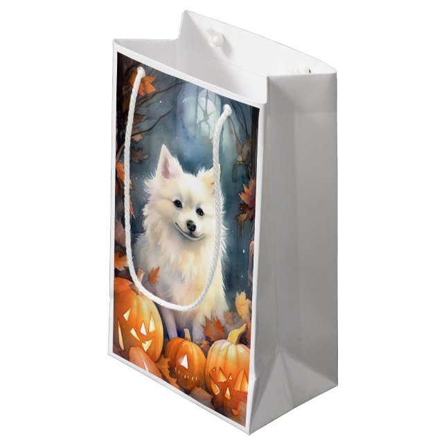 Halloween American Eskimo med pumpor Scary (Framsidan Vinklad)