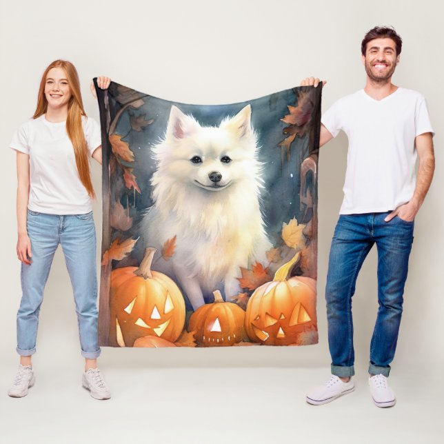 Halloween American Eskimo med pumpor Scary Fleecefilt (På plats)