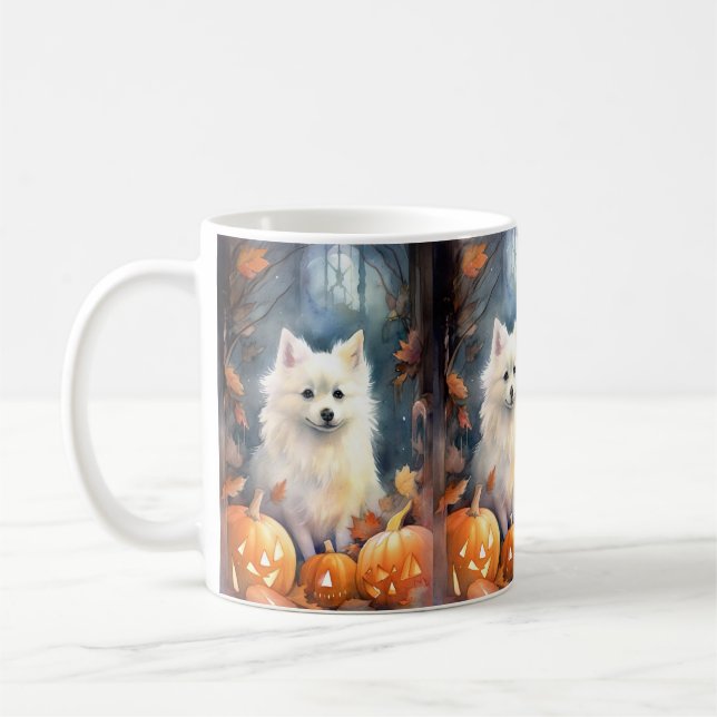 Halloween American Eskimo med pumpor Scary Kaffemugg (Vänster)