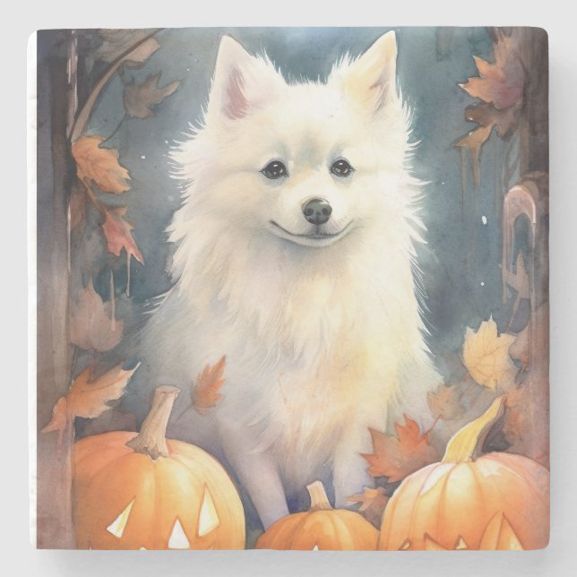 Halloween American Eskimo med pumpor Scary Stenunderlägg (Framsidan)