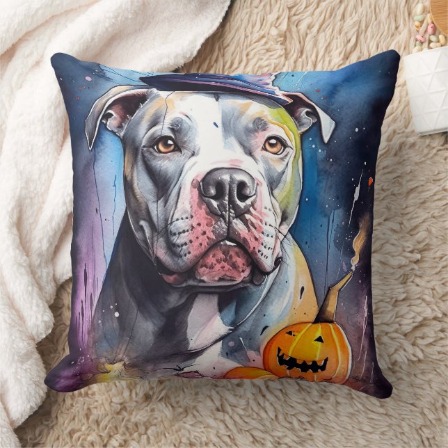 Halloween American Staffordshire Med Pumpor Kudde (Filt)