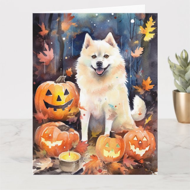 Halloween Amerikansk Akita Med Pumpa Skräck Kort (Liten växt)