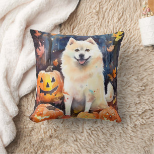 Halloween Amerikansk Akita Med Pumpa Skräck Kudde