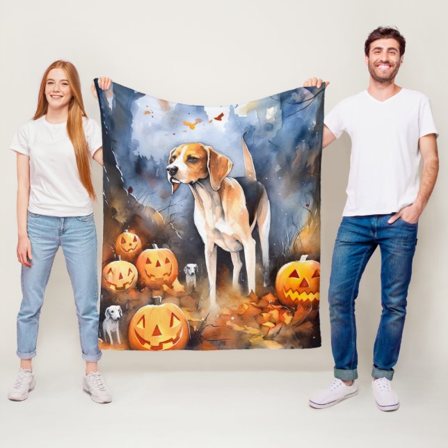 Halloween Amerikansk engelsk rävhund med pumpor Fleecefilt (På plats)