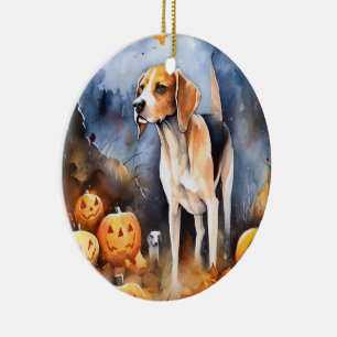 Halloween Amerikansk engelsk rävhund med pumpor Julgransprydnad Keramik