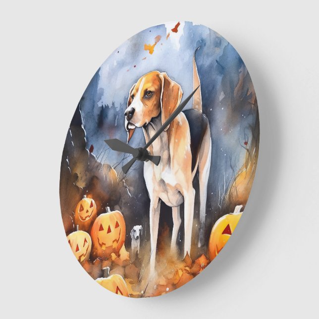 Halloween Amerikansk engelsk rävhund med pumpor Stor Klocka (Vinkel)