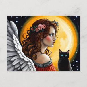 Halloween Angel och svart katt Vykort