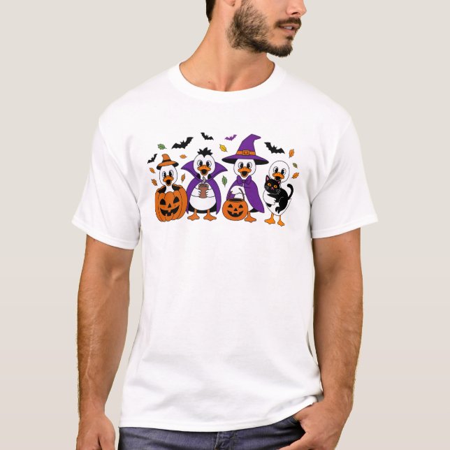 Halloween Anka Witch Hat, Pumpkin, Kakao och Katt T Shirt (Framsida)