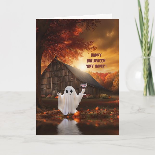 Halloween-anpassad namncute Ghost med Vin Kort (Framsida)