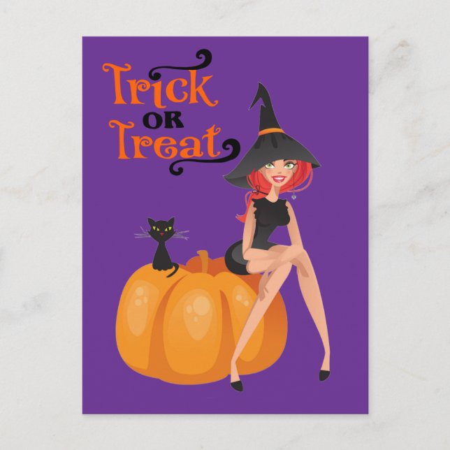 Halloween Anpassad Whimsical Söt Häxa Lila Vykort (Framsida)