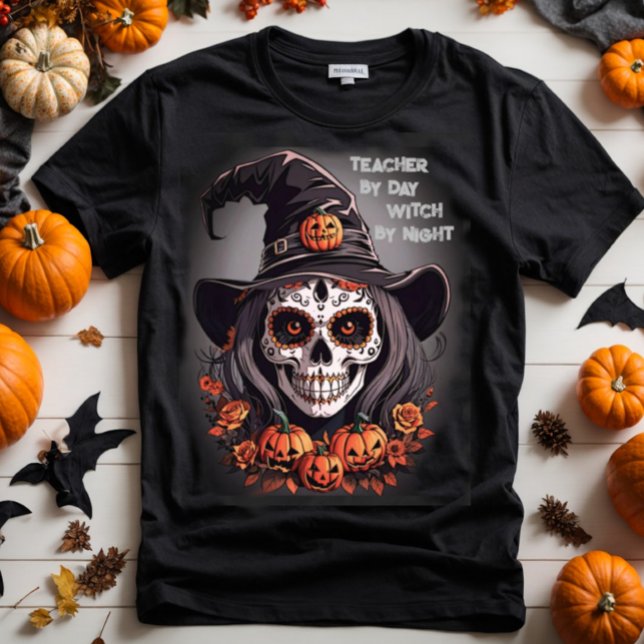 Halloween-anpassningsbar, lustig text t shirt (Halloween sugar skull witch with hat and pumpkins.)