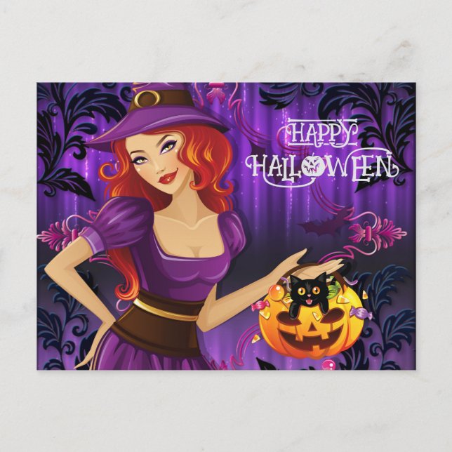 Halloween Anpassningsbar Whimsical Cute Witch Lila Vykort (Framsida)