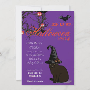 Halloween Anpassningsbar Whimsical Funny Cat Lila Inbjudningar