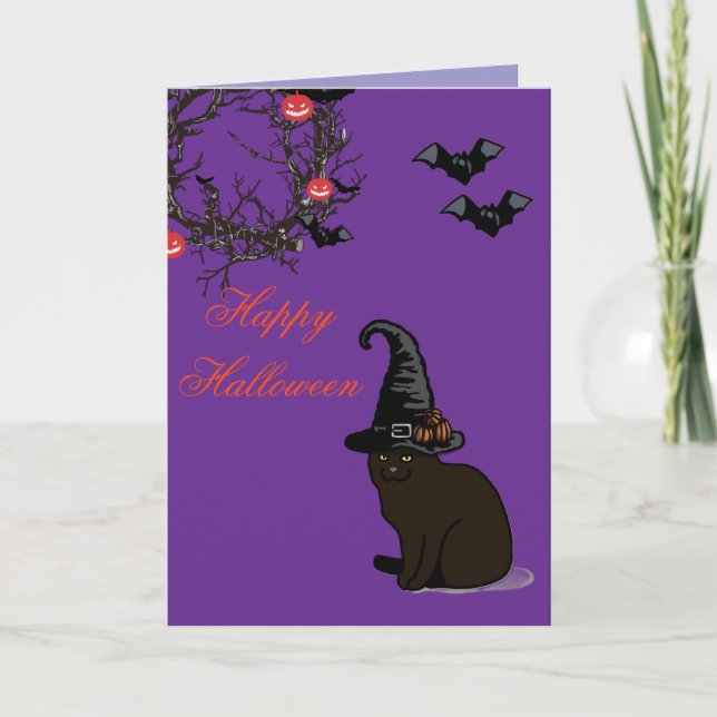 Halloween Anpassningsbar Whimsical Funny Cat Lila Kort (Framsida)