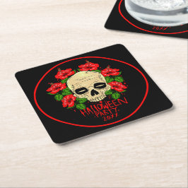 Halloween År 20xx Skull Red Hibiscus Black Underlägg Papper Kvadrat